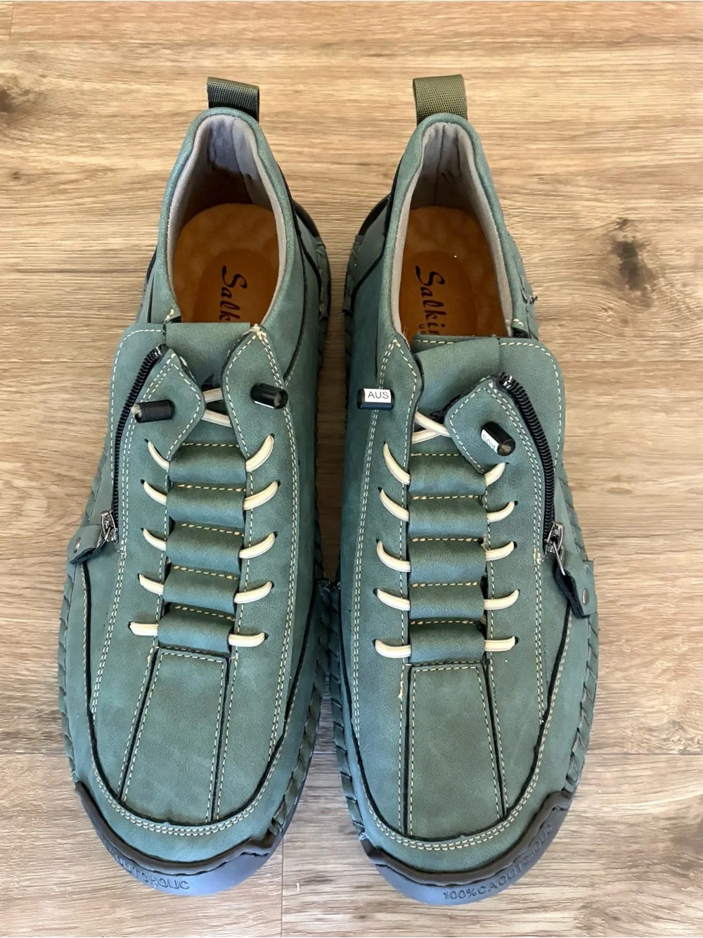 Salkin USA Green Faux Suede Casual Slip-On Walking Shoes with Zipper size 12